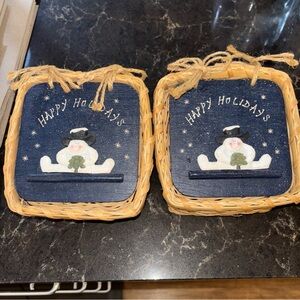 2 HAPPY HOLIDAY SNOWMAN BASKETS 6”W 4”D Wood LidsGreat For Cookies & Candy Gifts